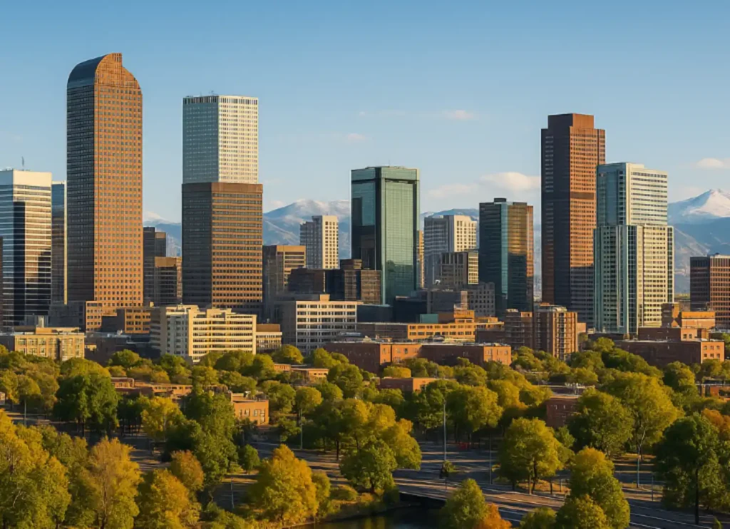 Denver skyline with modern skyscrapers, tree-filled neighborhoods, and mountains in the background.
