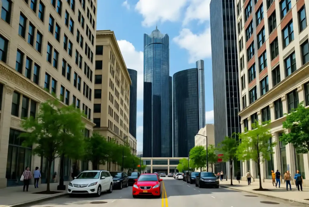 Downtown Detroit street with cars, pedestrians, and tall modern buildings.