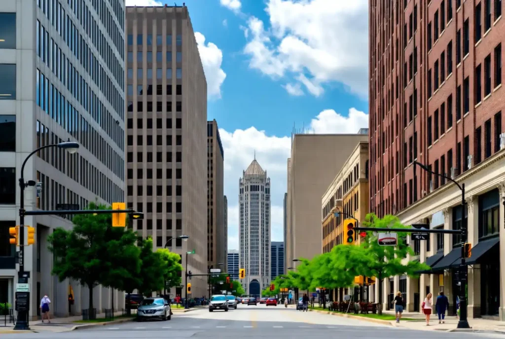 Downtown street in a Michigan city with tall buildings, cars, and pedestrians under a blue sky.
