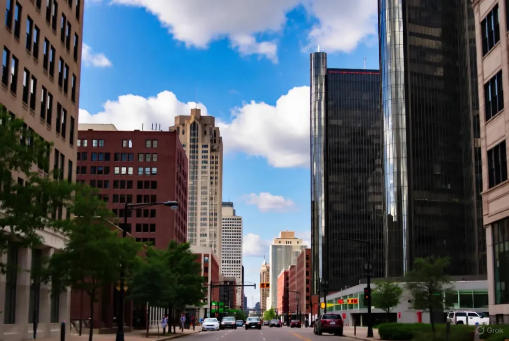 Downtown Detroit street with tall buildings, cars, and pedestrians under a bright blue sky.