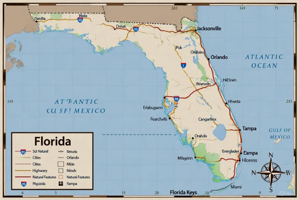 Map of Florida highlighting major cities and highways, including Miami, Tampa, Orlando, and Jacksonville.
