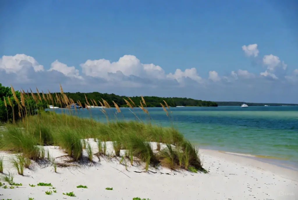 Scenic Florida beach with white sand, sea grass, and turquoise waters under a sunny sky.