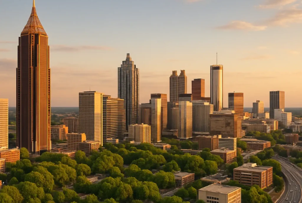 A scenic view of a city skyline at sunset with tall buildings surrounded by lush green trees.