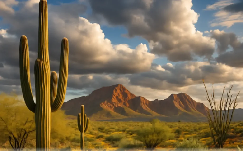 Scenic desert landscape in Gilbert, Arizona, featuring cacti and mountains under a cloudy sky.