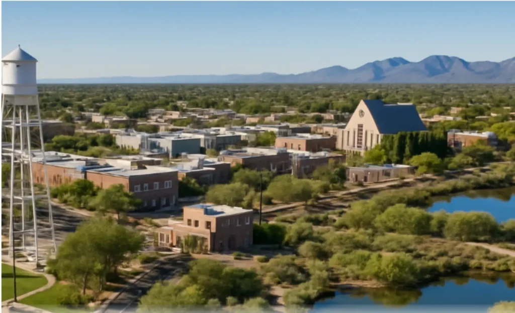 Aerial view of downtown Gilbert, Arizona, with a water tower and surrounding buildings.