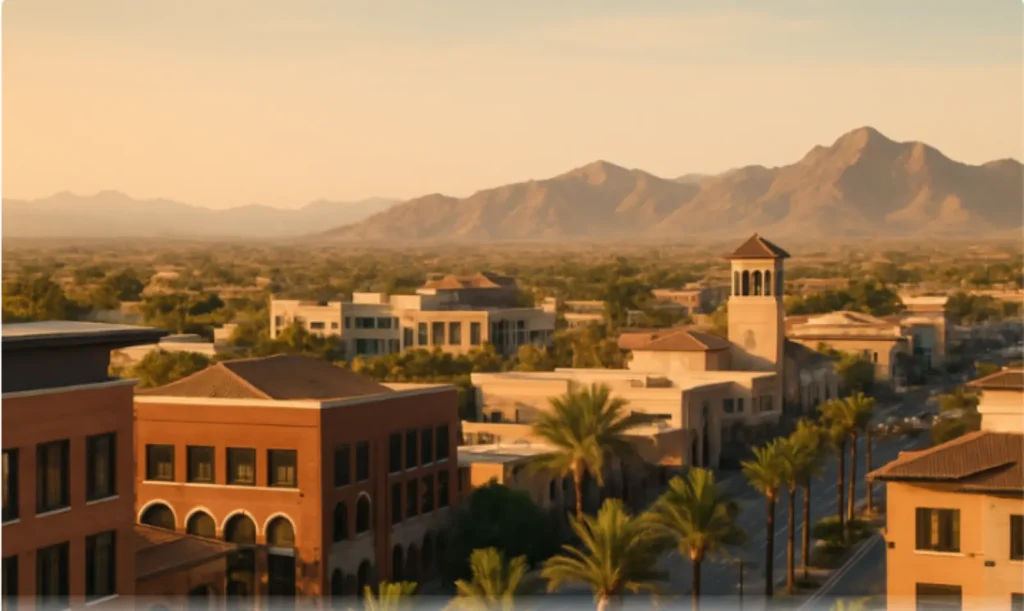Scenic view of an Arizona cityscape with palm trees, buildings, and mountains in the background.