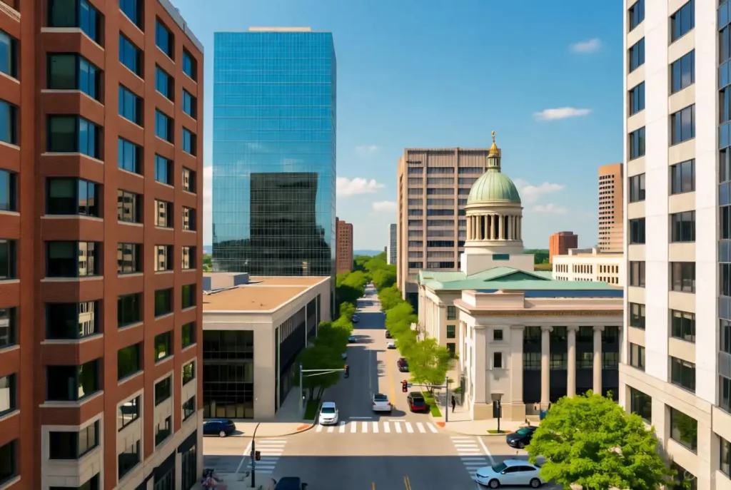 Downtown Grand Rapids cityscape with modern buildings and a historic courthouse.