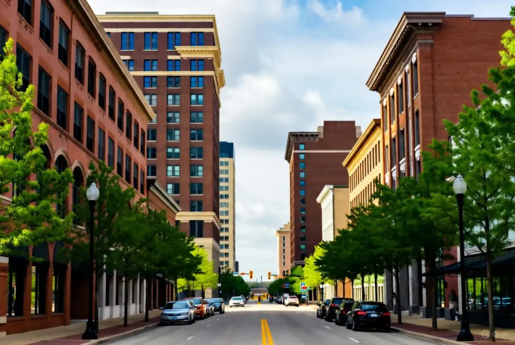 Downtown Grand Rapids street lined with tall brick buildings and trees.