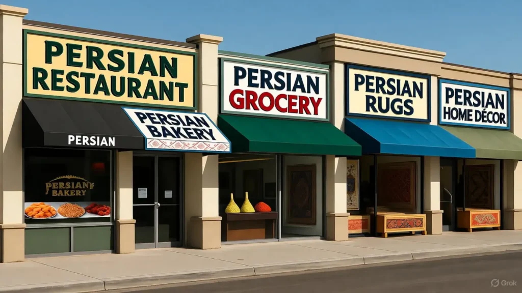 Row of Persian businesses including a restaurant, bakery, grocery, rug, and home décor store.