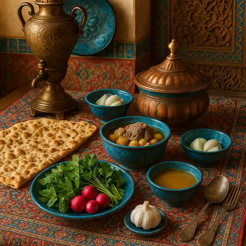 Traditional Abgoosht served with flatbread, fresh herbs, radishes, and garlic on a Persian table setting.