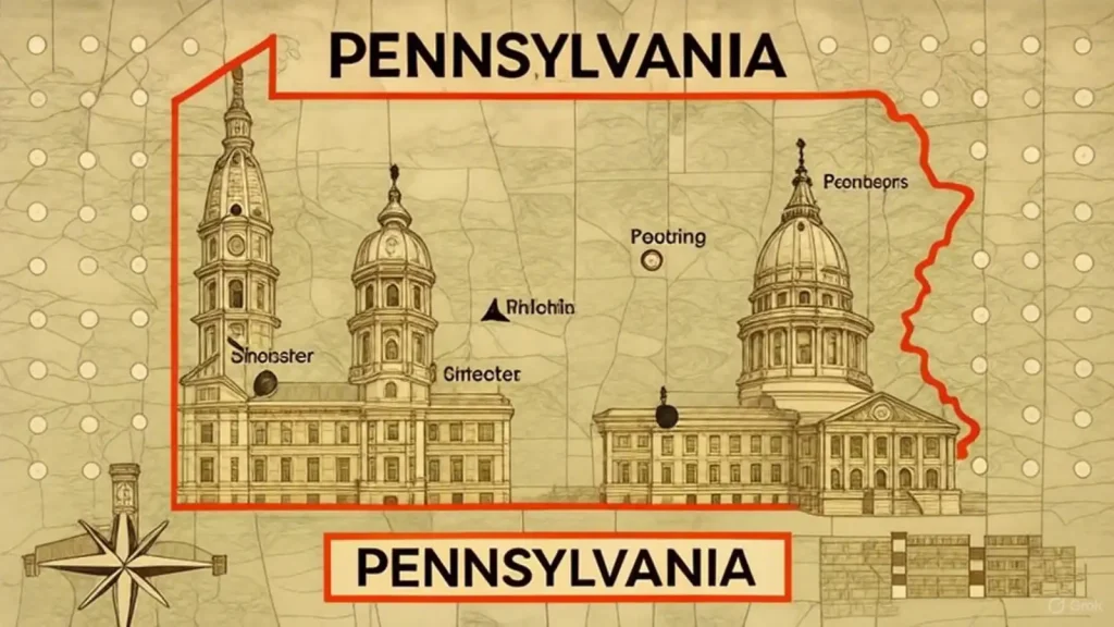 Illustrated map of Pennsylvania featuring landmarks and key cities.