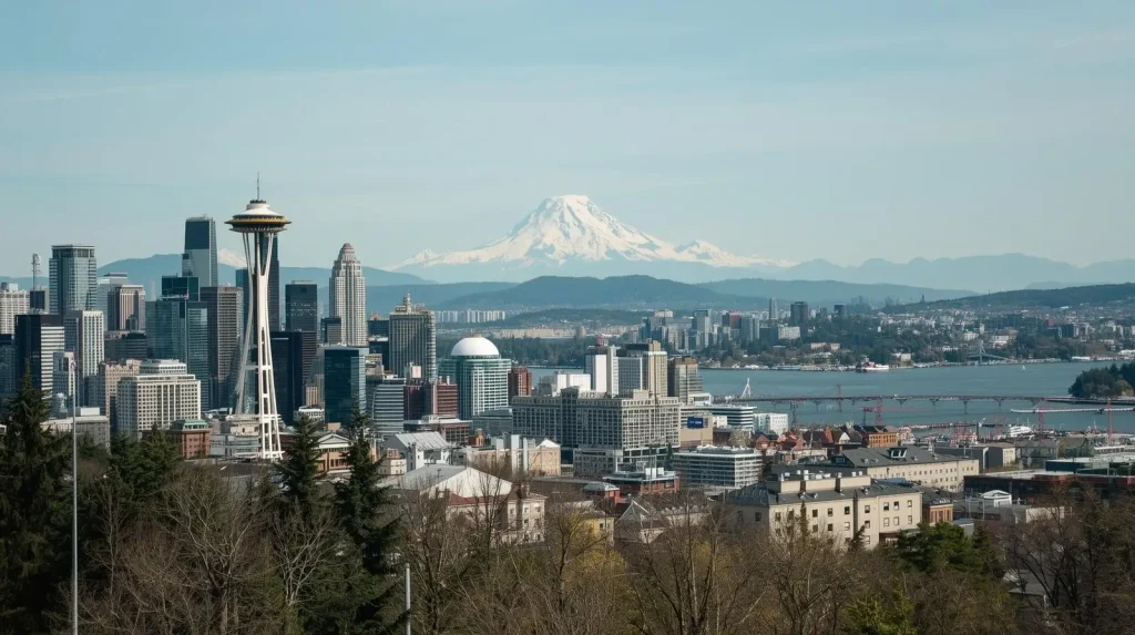 Seattle skyline with the Space Needle and Mount Rainier in the background under a clear blue sky.