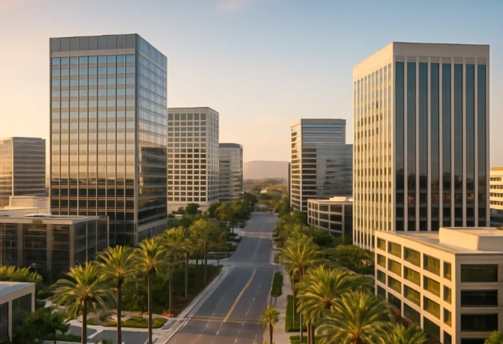 Skyline view of Irvine, California, featuring modern office buildings and palm-lined streets.