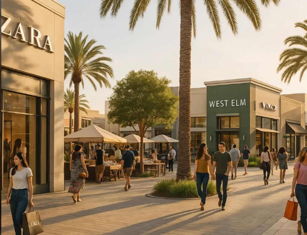 Outdoor shopping center in Irvine with stores like Zara and West Elm, surrounded by palm trees and visitors.