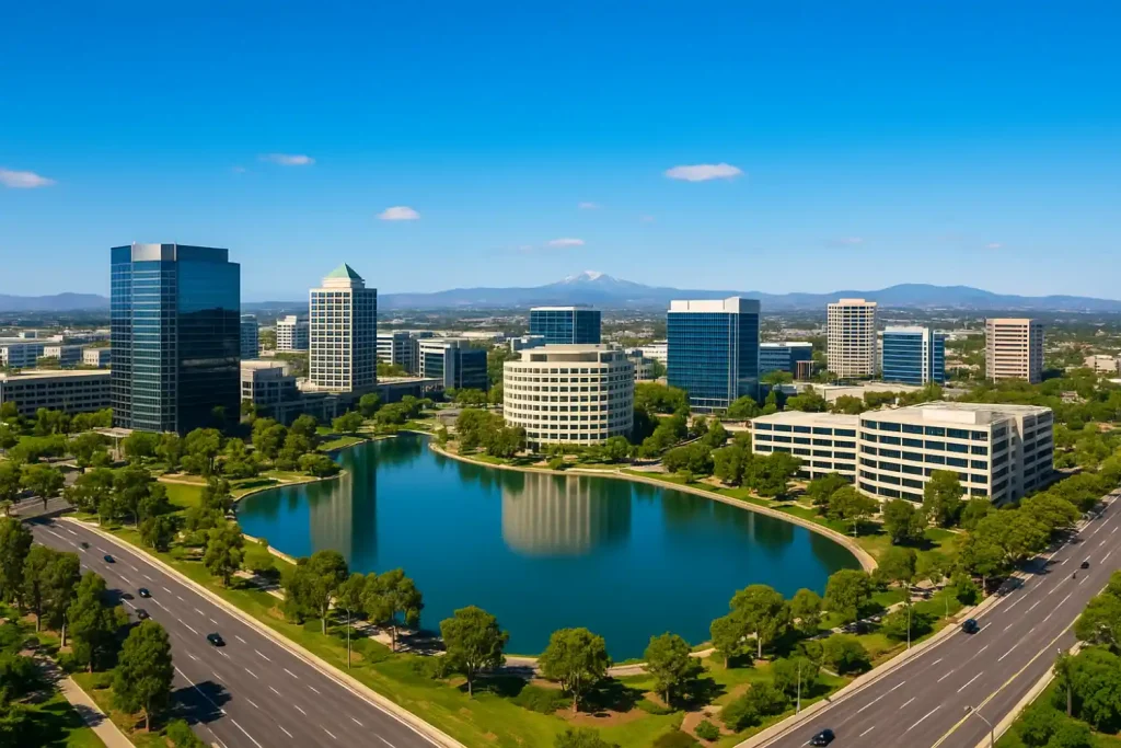 Aerial view of Irvine's modern office buildings surrounding a serene lake on a sunny day.