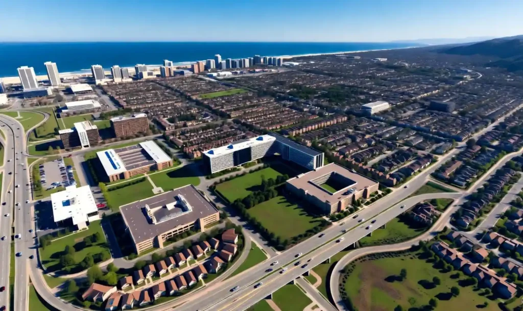 Aerial view of Irvine, California, showcasing office buildings, residential areas, and the coastline in the distance.
