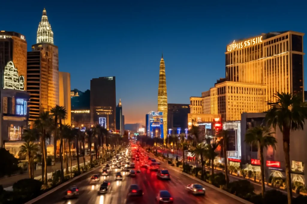 Las Vegas Strip at sunset with illuminated buildings and busy traffic.