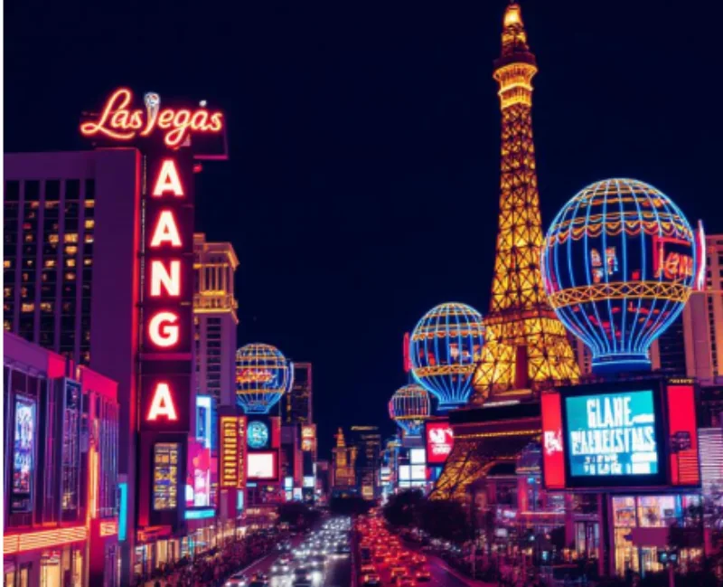 Night view of the Las Vegas Strip with illuminated signs and the Eiffel Tower replica.