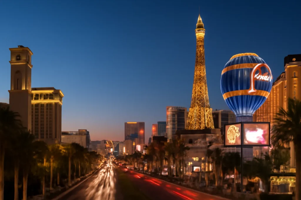Evening view of the Las Vegas Strip with the illuminated Eiffel Tower replica and Paris-themed décor.