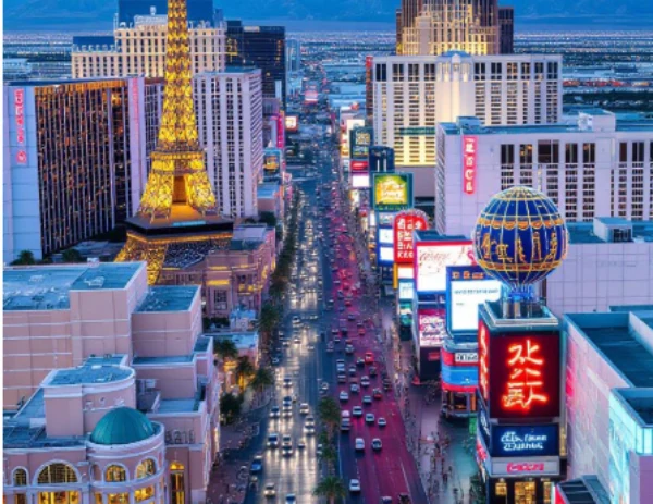 Aerial view of the Las Vegas Strip with illuminated buildings and landmarks.