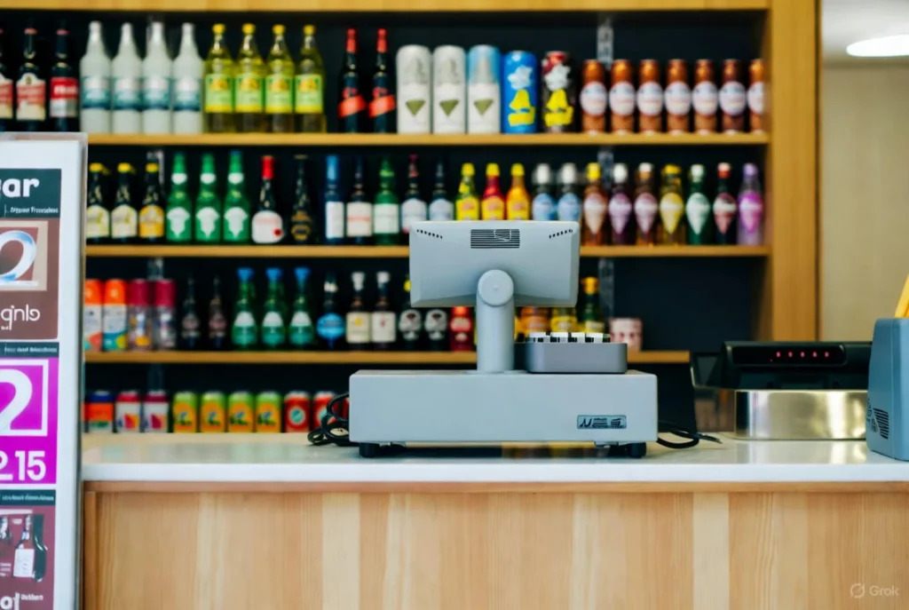 Counter at a Persian grocery store with shelves of colorful bottles and products in the background.