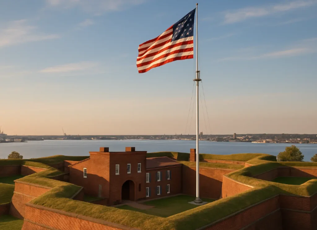 Historic Fort McHenry with the American flag waving, overlooking the water in Maryland.