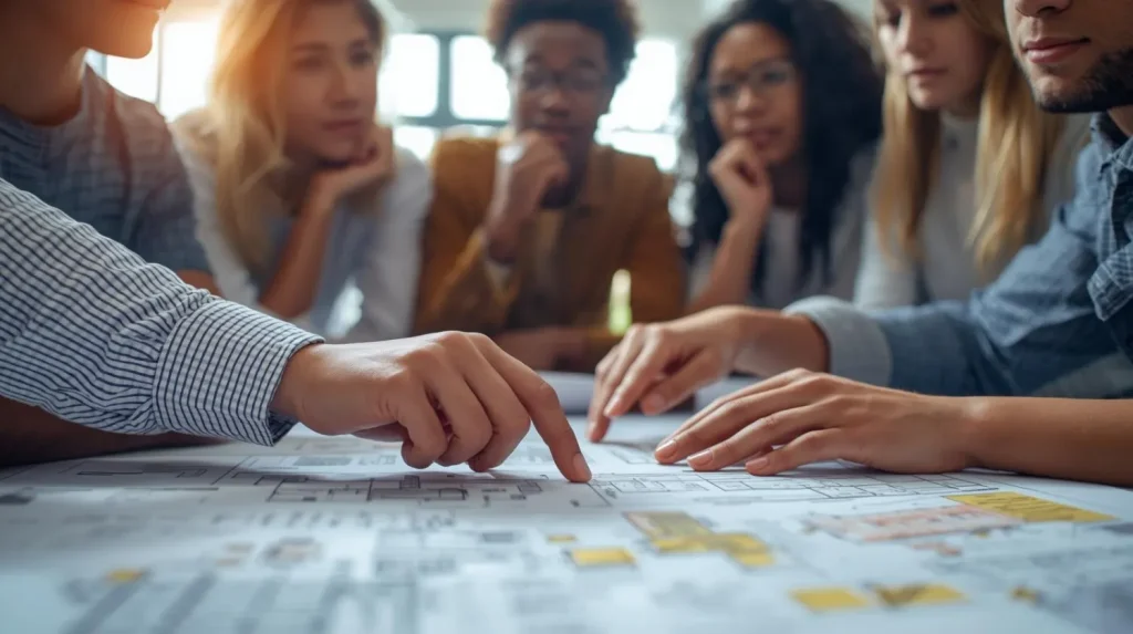 Group of professionals collaborating and pointing at a document on a table.