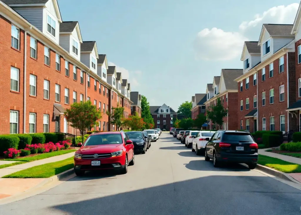 A quiet residential street in Columbia, MD lined with brick townhouses and parked cars.