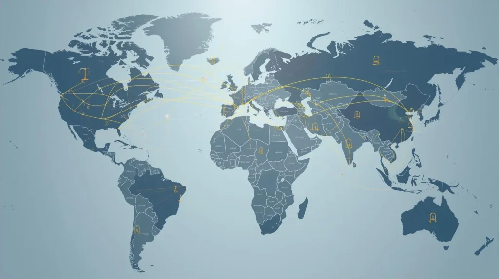 A world map with yellow lines connecting various countries, highlighting global business connections.