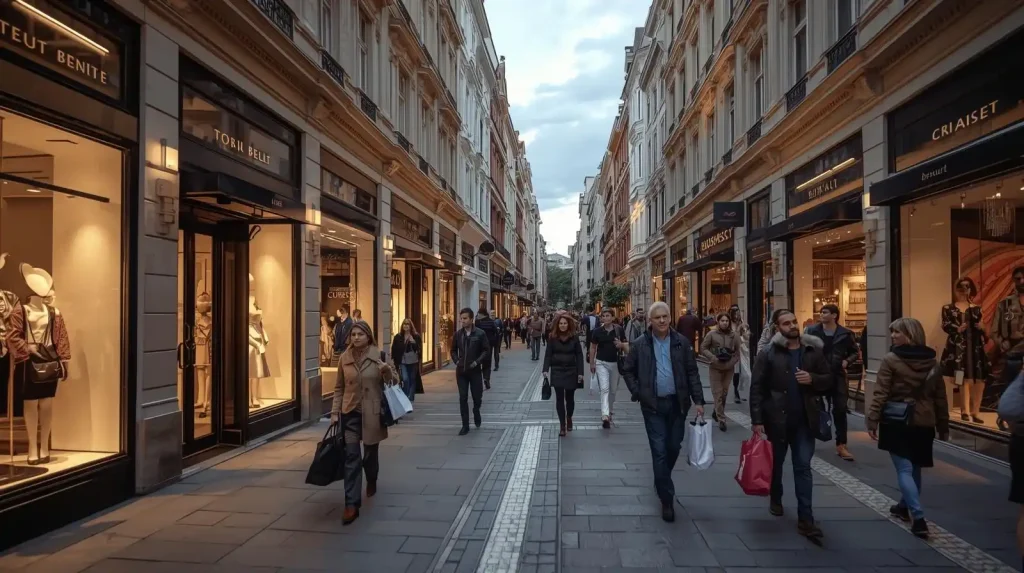 People walking along a busy shopping street lined with modern storefronts and boutiques.