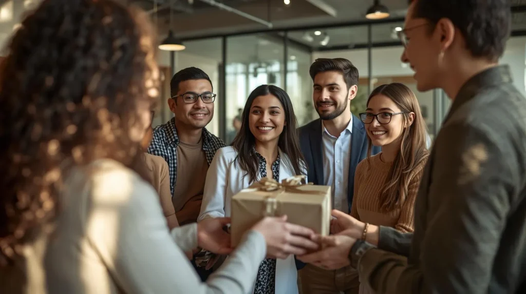 A group of smiling young professionals exchanging a gift in an office setting.