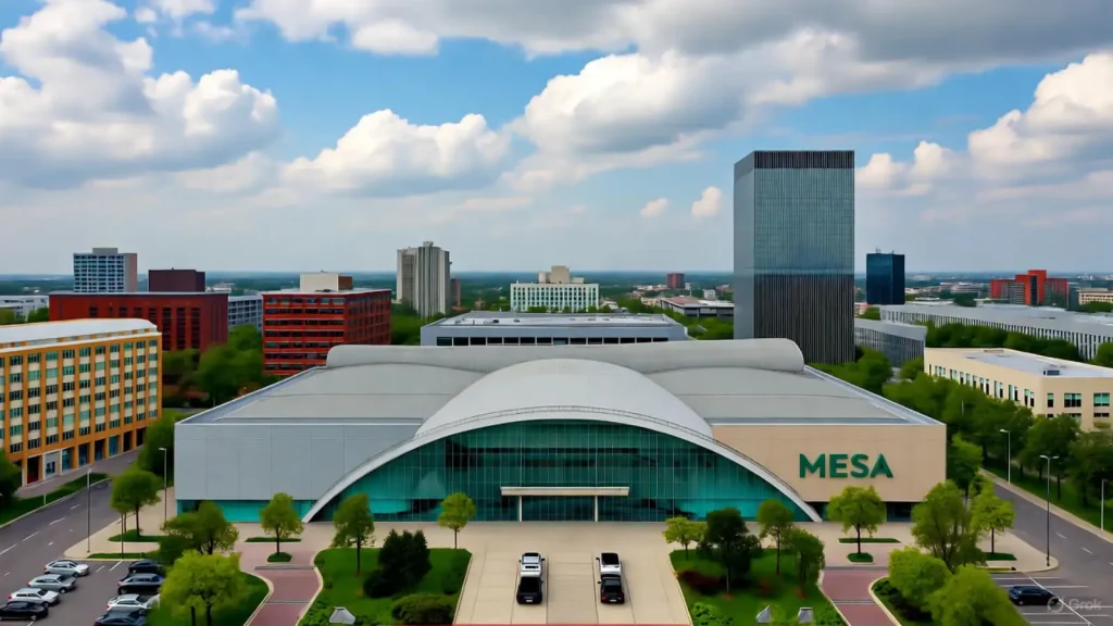 A modern urban center in Mesa, Arizona, featuring contemporary buildings, a large glass-domed structure labeled "Mesa," and tree-lined streets under a partly cloudy sky.