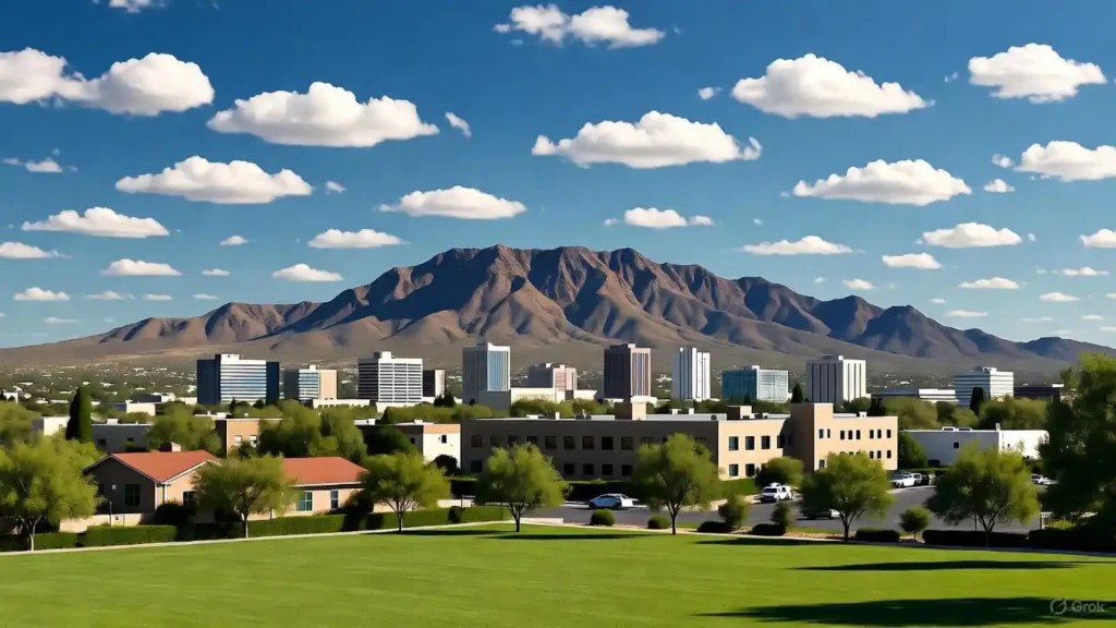 City skyline with modern buildings, green spaces, and desert mountains under a blue sky with scattered clouds.