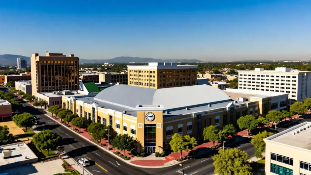 Aerial view of downtown Mesa, Arizona, featuring a prominent building with a clock tower and surrounding urban structures under a clear blue sky.