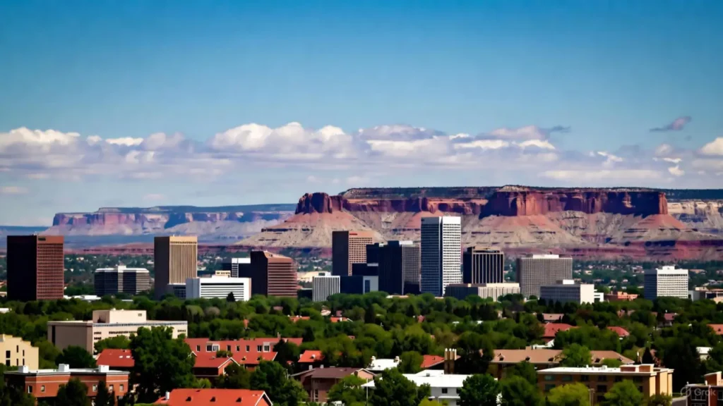 Mesa city skyline with modern buildings, greenery, and red rock mesas in the background under a clear blue sky.