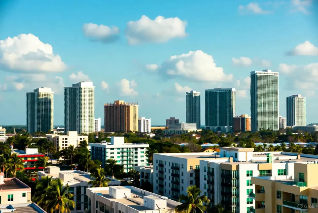 A vibrant cityscape with modern high-rise buildings, palm trees, and a bright blue sky.