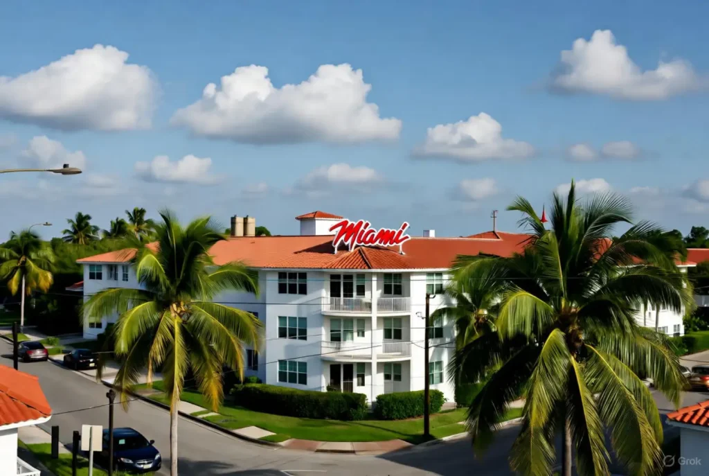 A sunny Miami street with white buildings, red-tiled roofs, and palm trees under a bright blue sky.