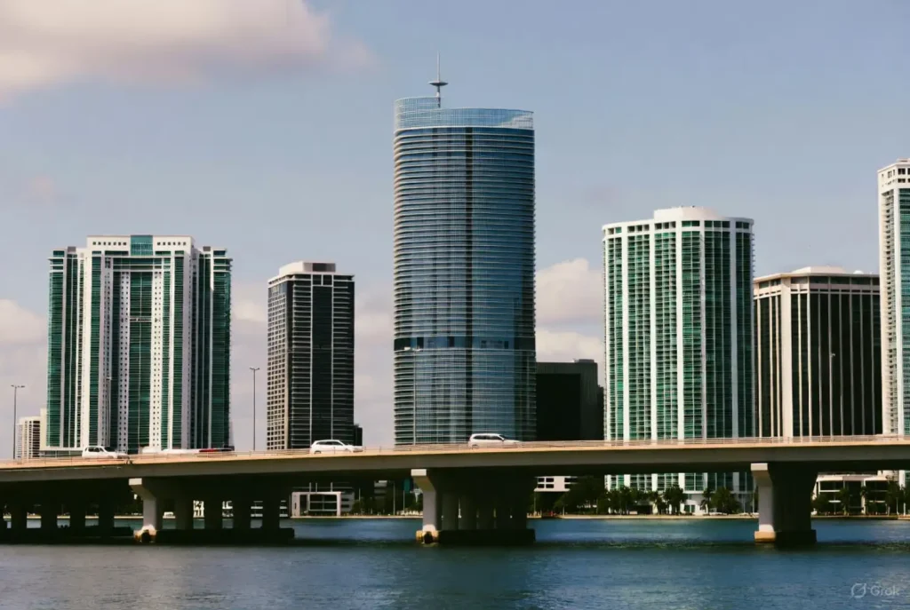 Modern high-rise buildings in downtown Miami with a bridge over calm water.