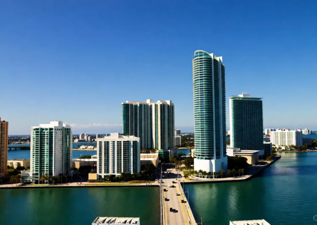 Miami skyline with modern high-rise buildings and a bridge over calm blue water.