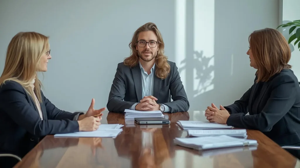 Three professionals sitting at a conference table, engaged in a business discussion in a bright office space.
