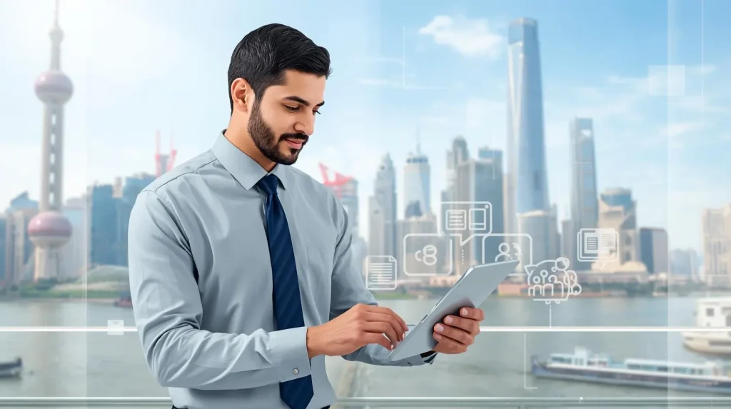 A professional man in a shirt and tie using a tablet with a city skyline and digital icons in the background.