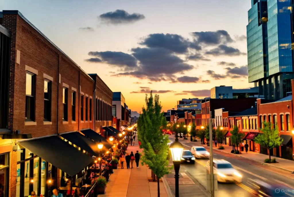 A lively Nashville street at sunset, with glowing lights, people dining outdoors, and modern buildings in the background.