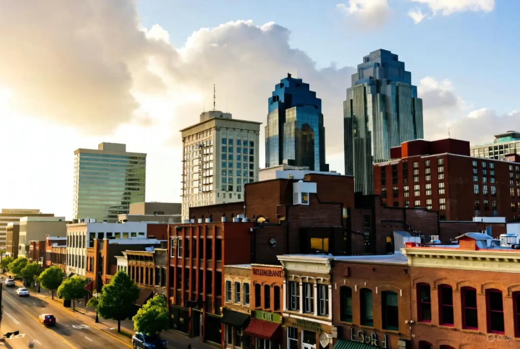Downtown Nashville skyline with historic brick buildings and modern glass skyscrapers at sunset.