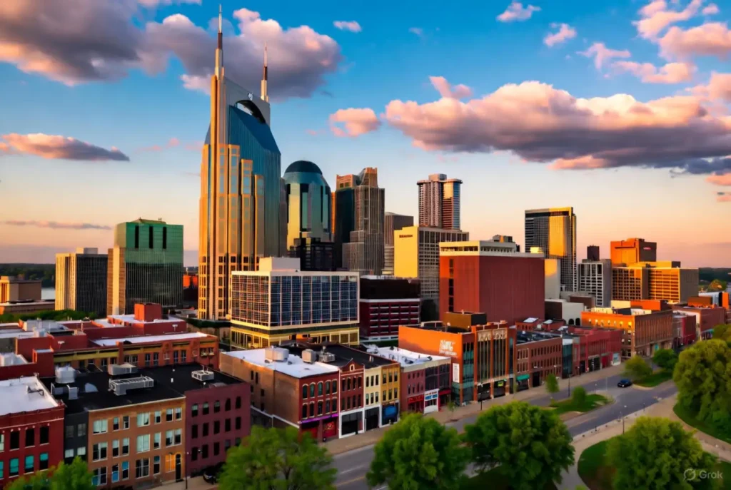 A vibrant sunset view of downtown Nashville, featuring the iconic AT&T Building and colorful city skyline.