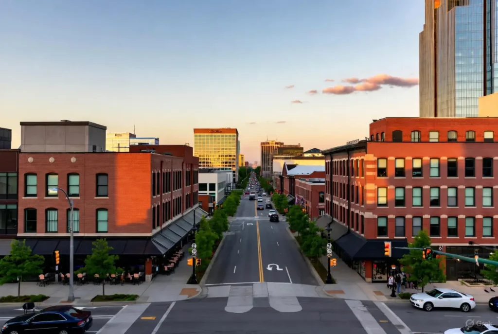 A sunlit street in downtown Nashville, lined with red-brick buildings and modern skyscrapers in the background.