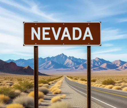 Nevada road sign with desert and mountains in the background.