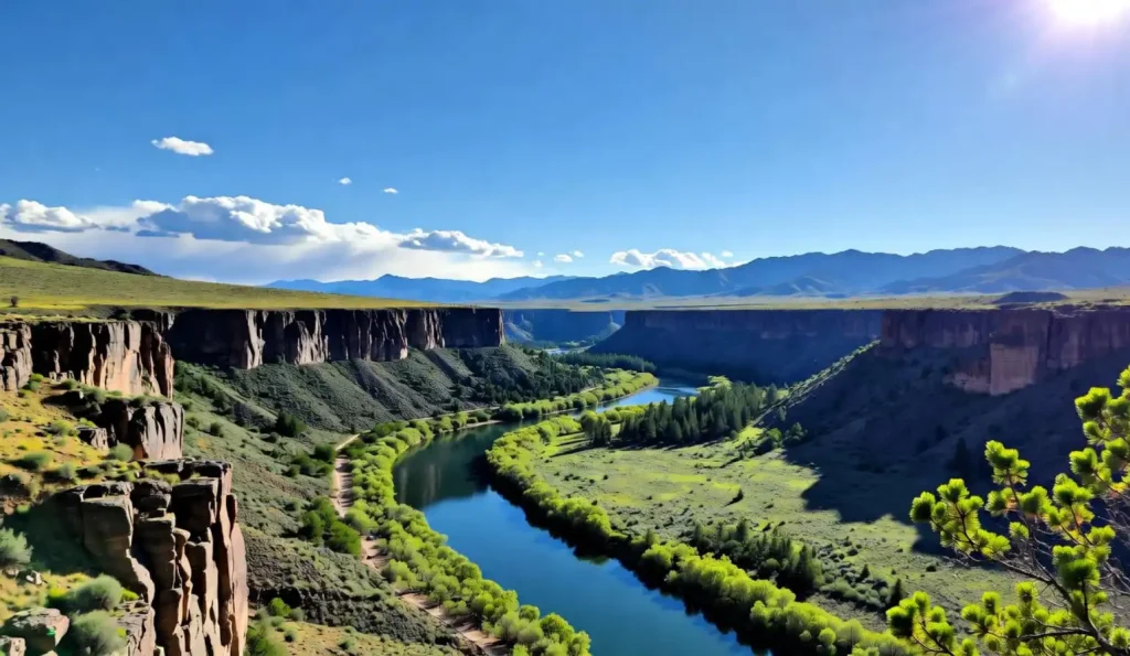 Scenic canyon with a winding river and lush greenery under a clear blue sky.
