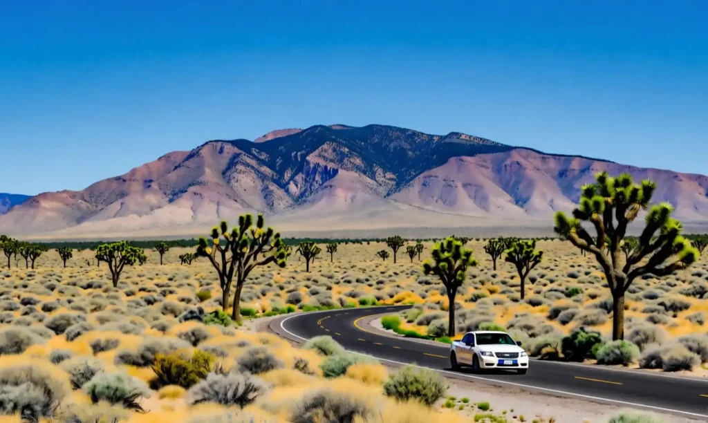 A white car drives on a winding road through the Nevada desert with mountains and Joshua trees in the background.