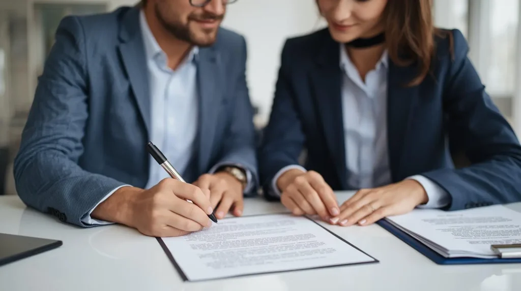 Two professionals in business attire reviewing and signing a document together at a desk.