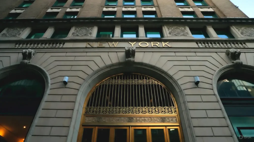 Ornate entrance with "NEW YORK" sign and arched doors.